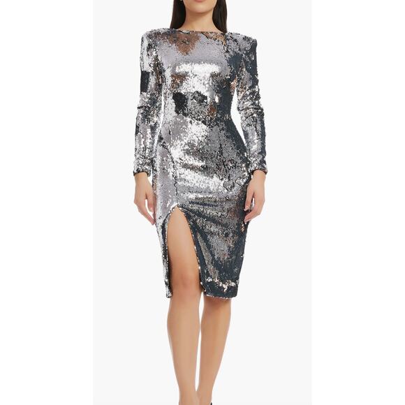 Dress The Population Natalie Sequin Side Slit Long Sleeve Dress Silver Size L - Picture 8 of 8